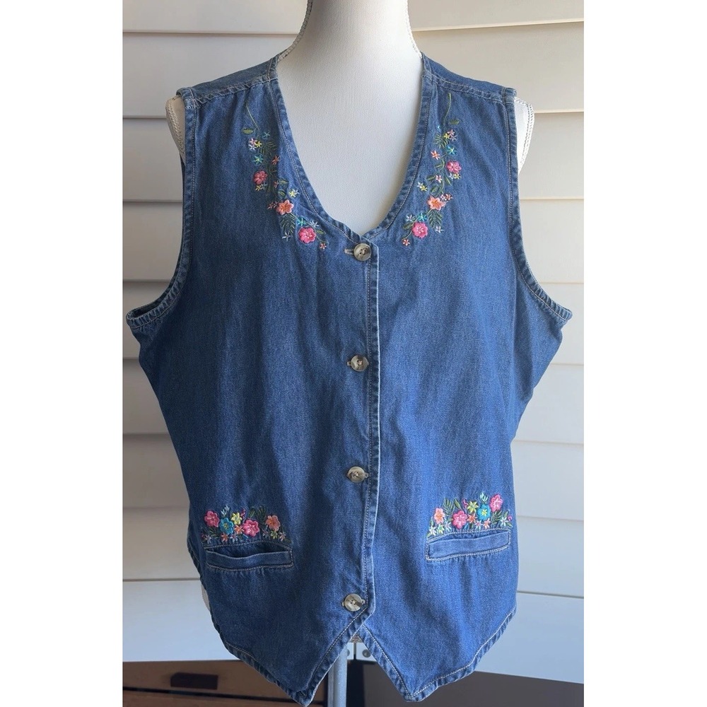 VTG Embroidered Denim Jean Vest XL Floral Cottagecore Boho Prairie Granny Core